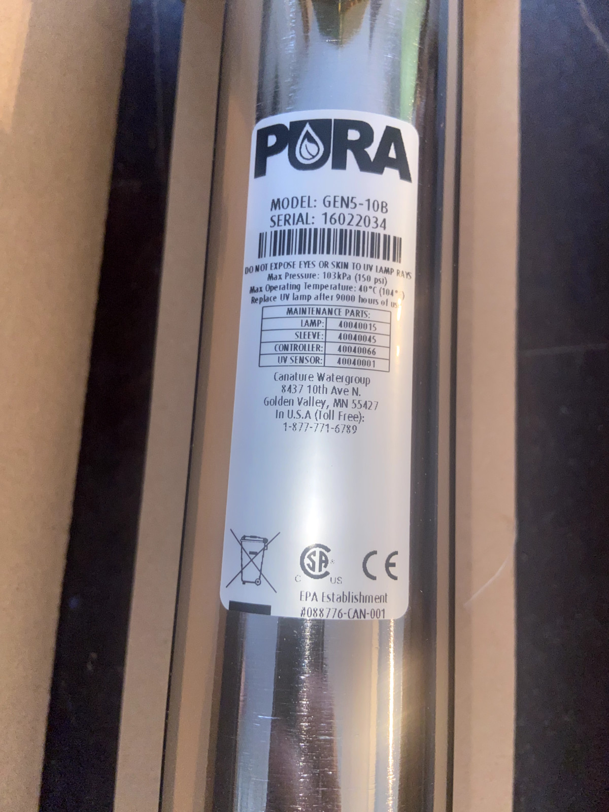 Ultraviolet Light Water Purifier Whole House Sterilizer Pura GEN5-10B 8GPM New