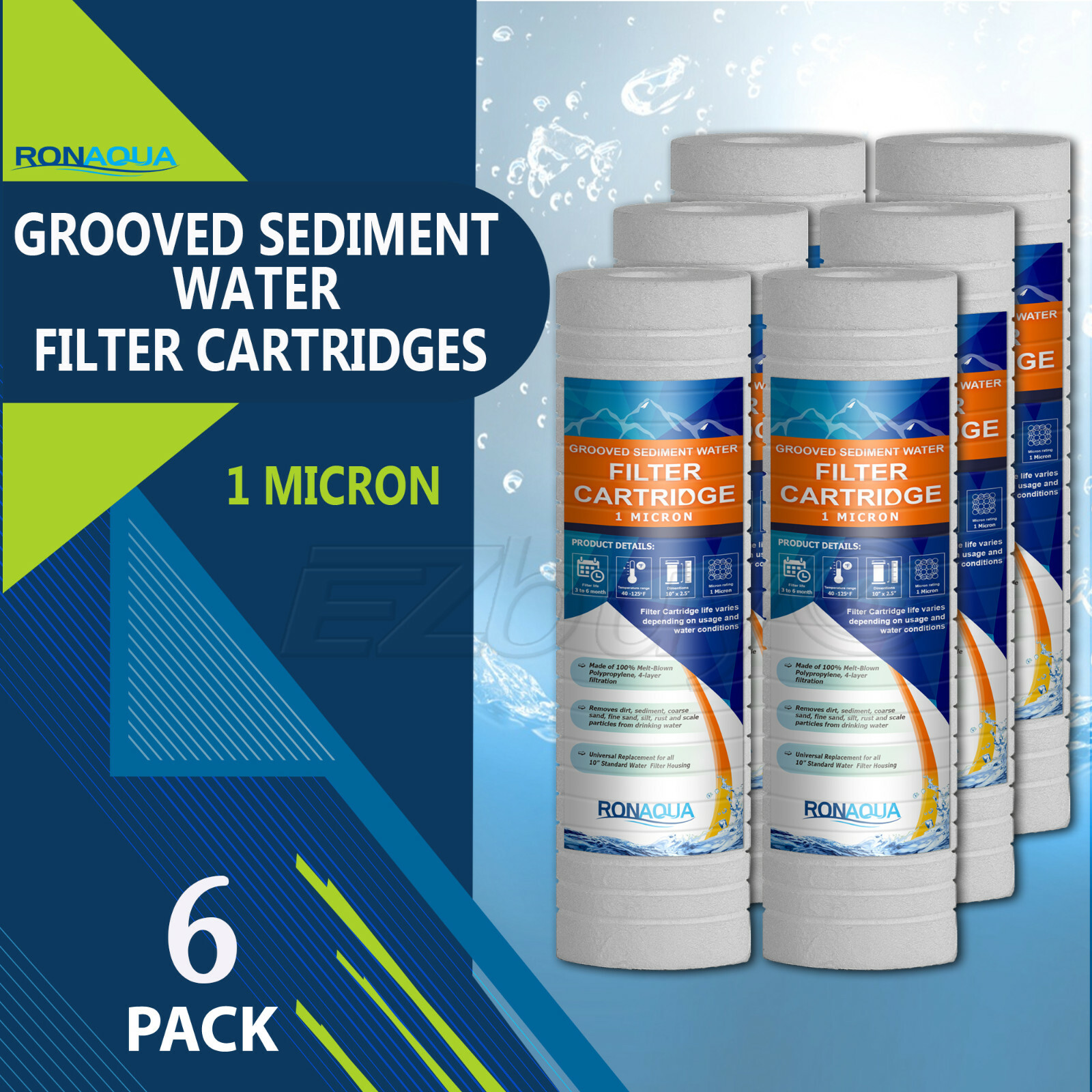6 Pack Grooved Sediment 1 Micron Water Filters Cartridge 2.5″ x 10″