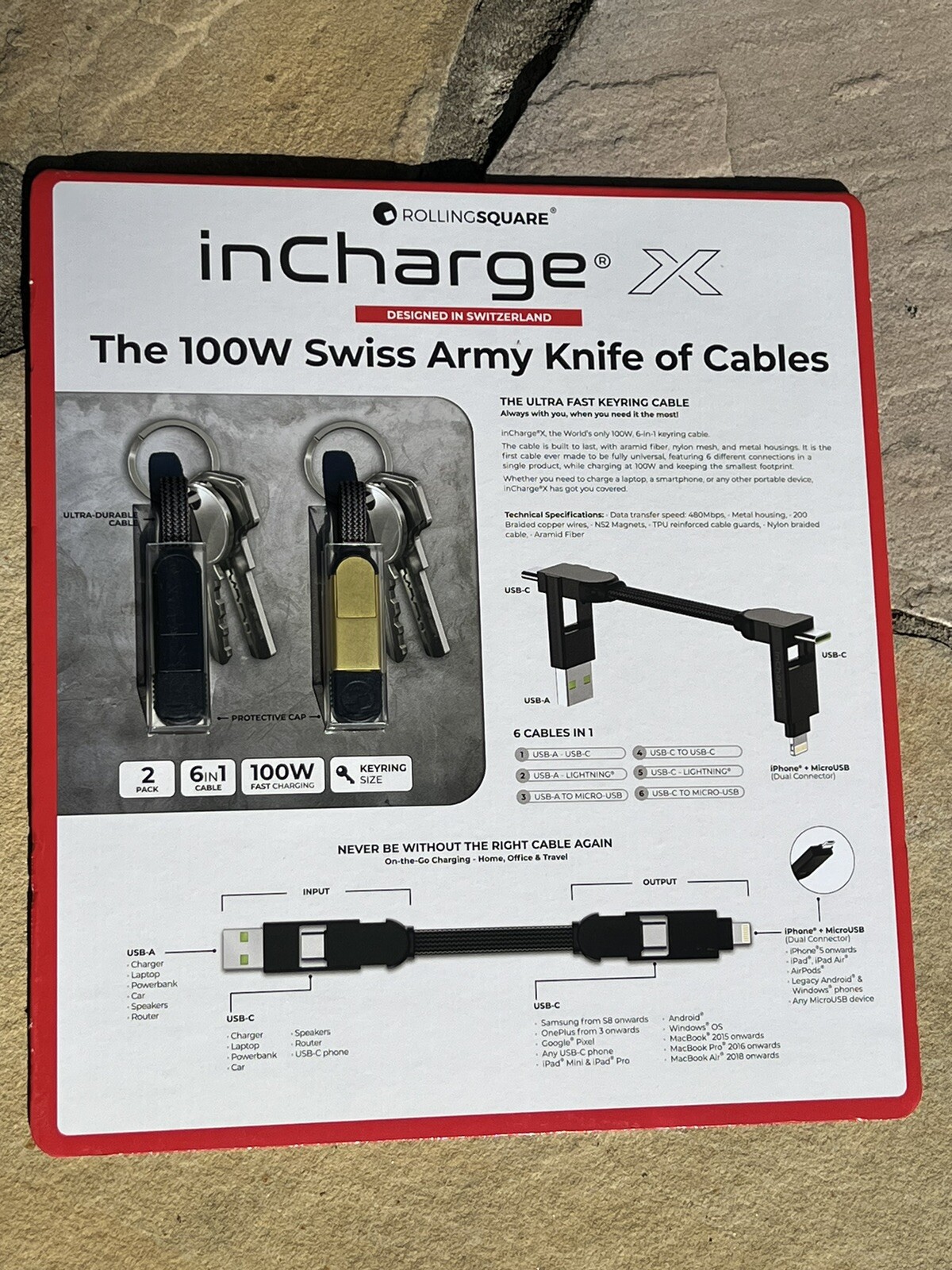 inChargeX – 2 Pack 100 Watt Swiss Army Knife Of Cables Key ring Cable 6 In 1