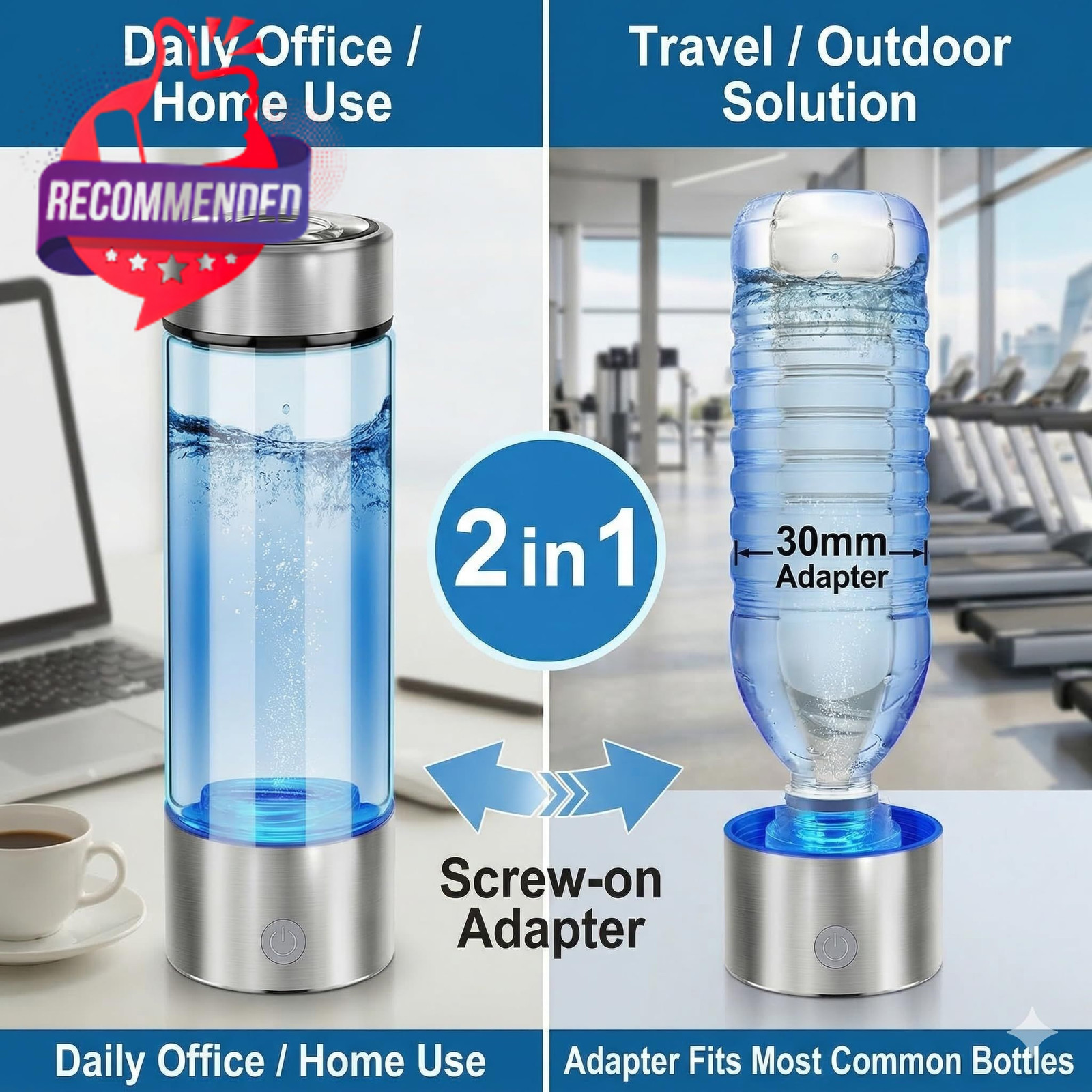 Portable Hydrogen Water Bottle Generator, 450ml Borosilicate Silver Gray