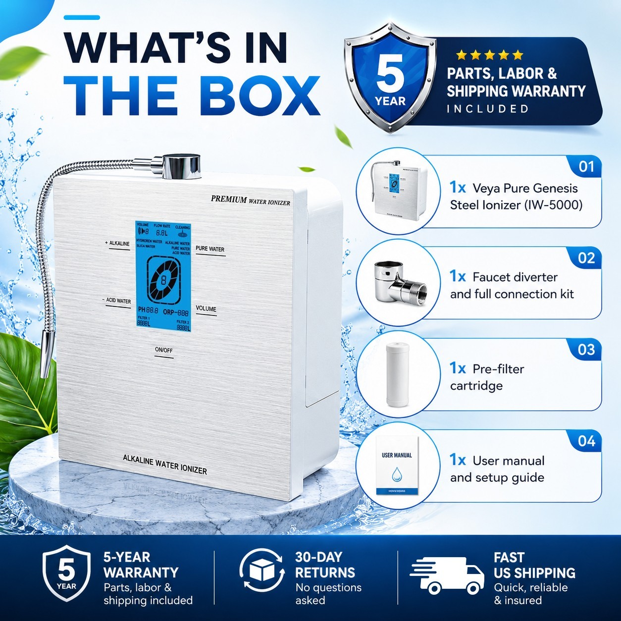 Alkaline Water Ionizer 9 Plate 300W 76 pH Levels LCD 1500PPB Hydrogen 16 Stage