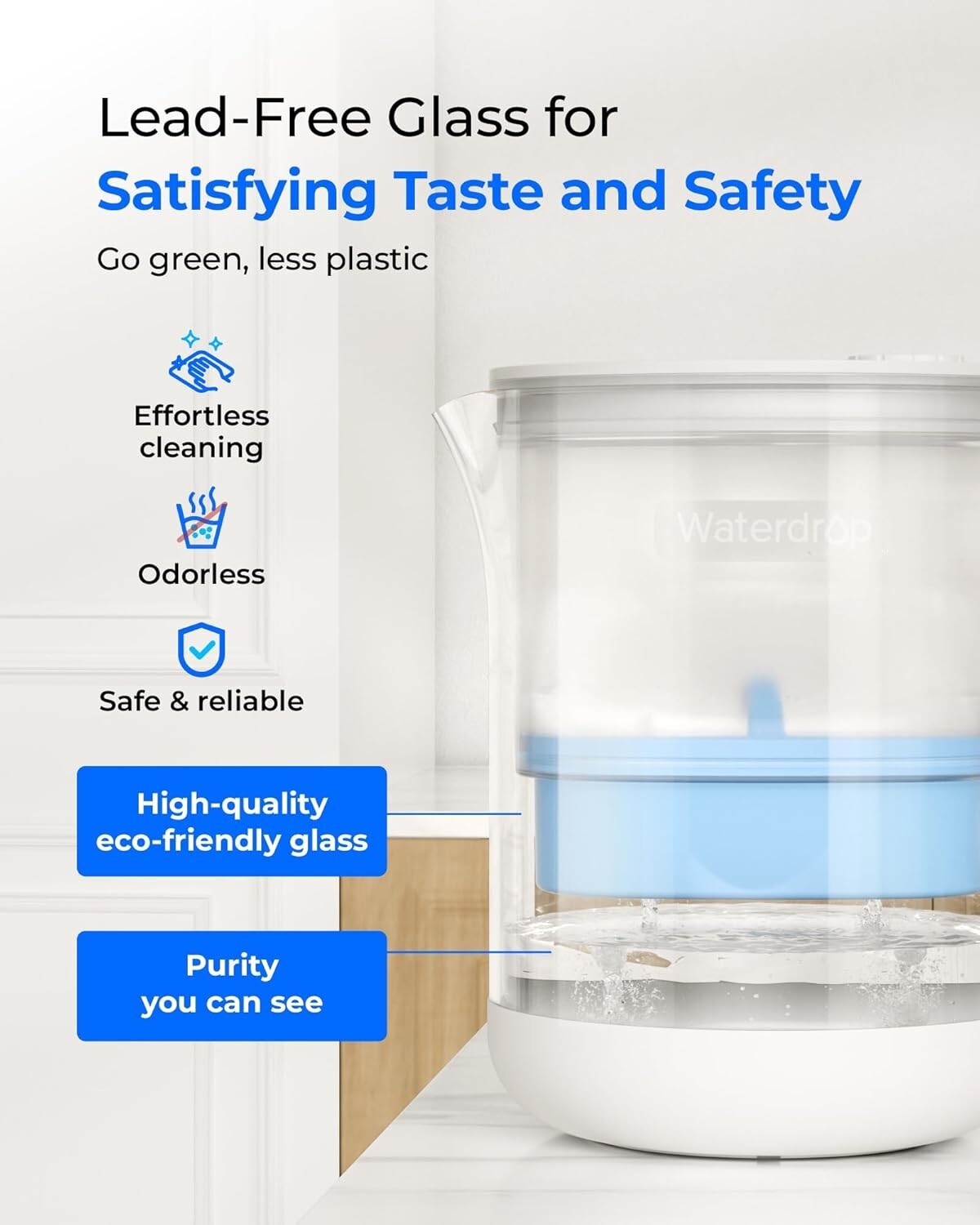 [Alkaline] Waterdrop Glass Alkaline Water Filter Pitcher with 1 Filter, Clear