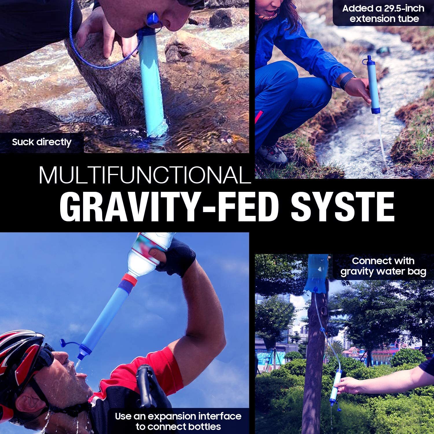 Gravity-Fed Water Filter Straw 3L Bag,Versatile Hiker Water Purifier Tree Strap