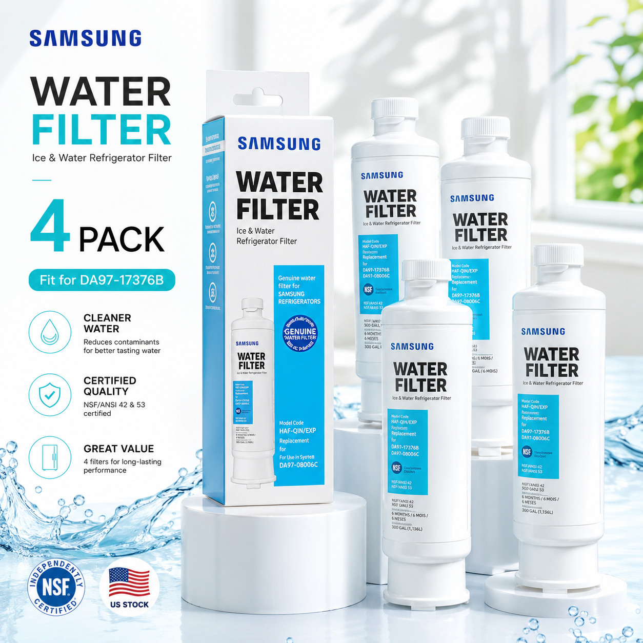 Samsung DA97-17376B HAF-QIN/EXP Refrigerator Water Filter 4 Pack
