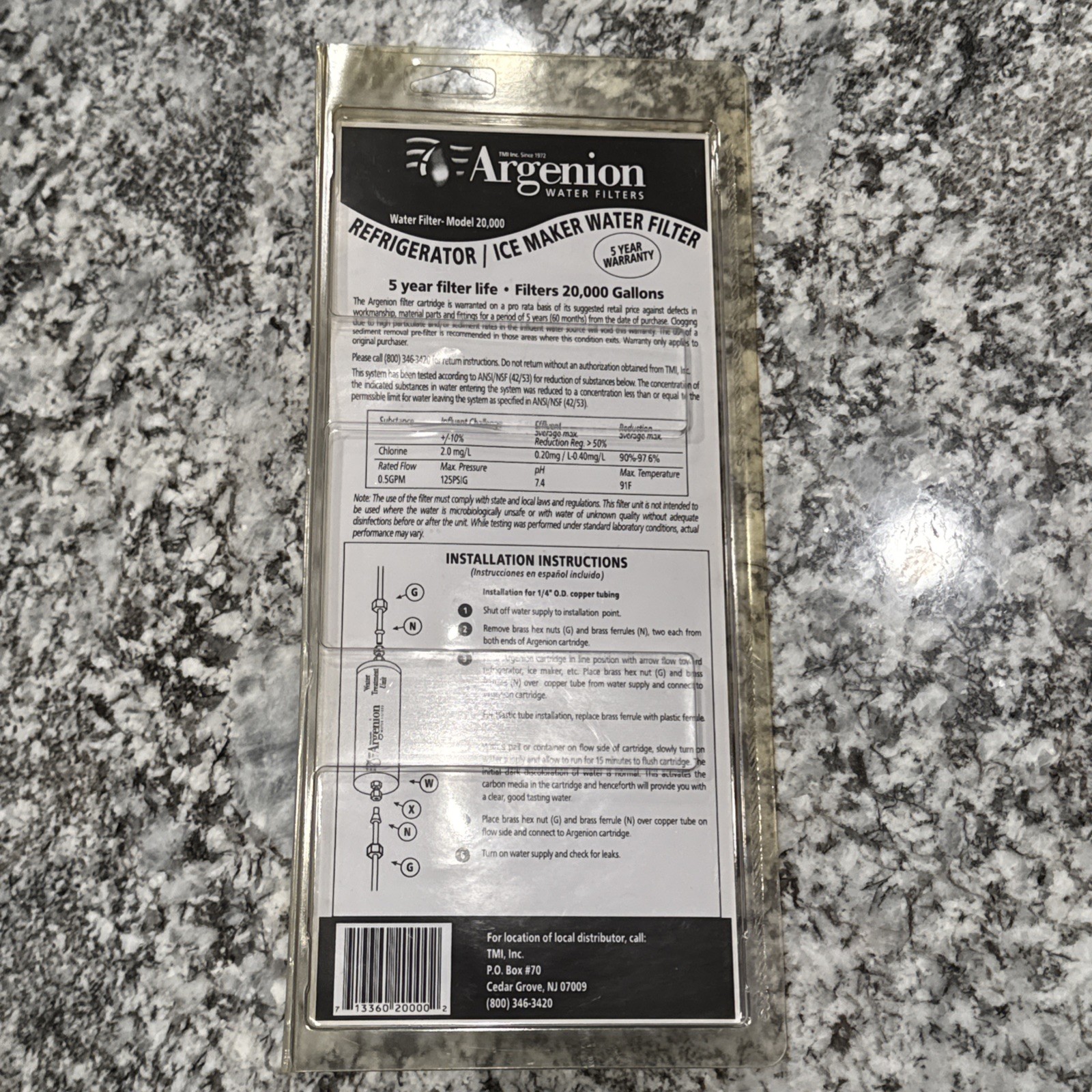 Argenion 20,000 Gal. Refrigerator In-line Water Filter 5 Yr. FACTORY SEALED NEW