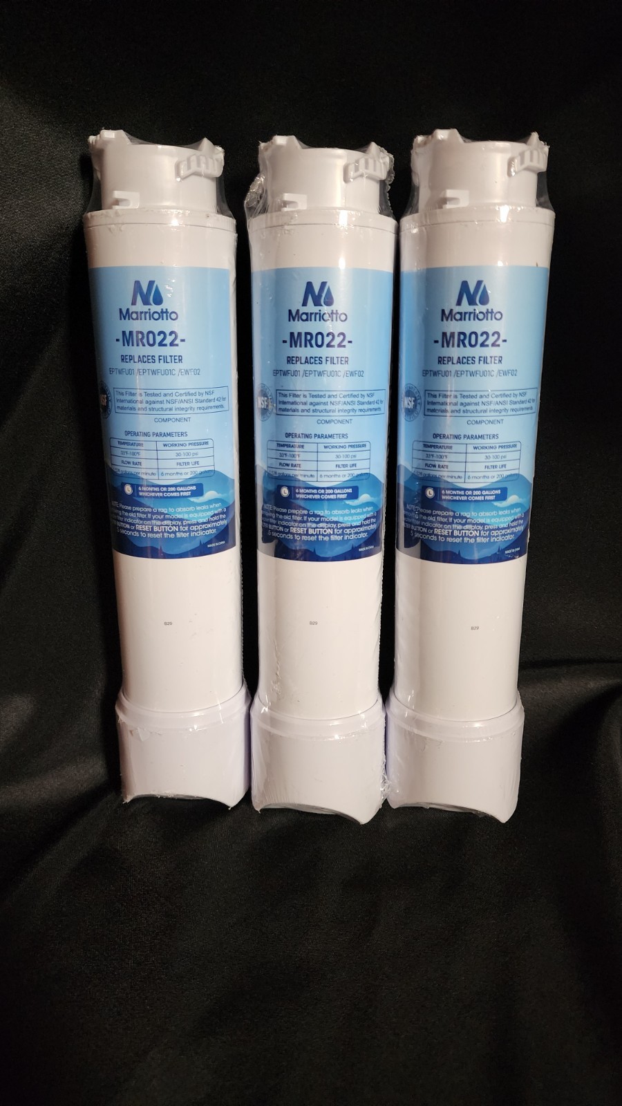 (3) Marriotto MR022 Water Filters New, Sealed Replace EPTWFU01/EPTWFU01C/EWF02