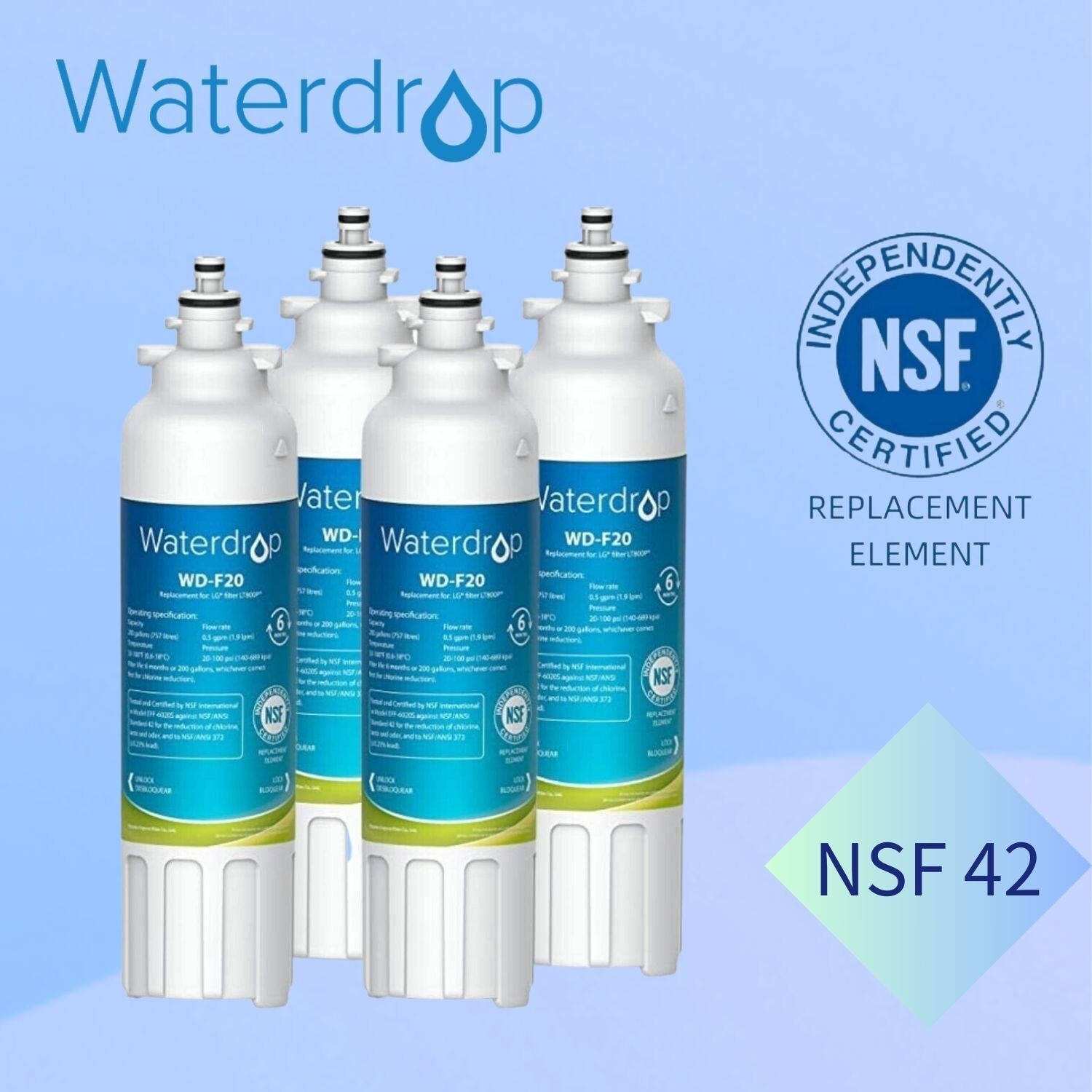Waterdrop Refrigerator Water Filter, Replacement for LG® LT800P®, Pack of 4