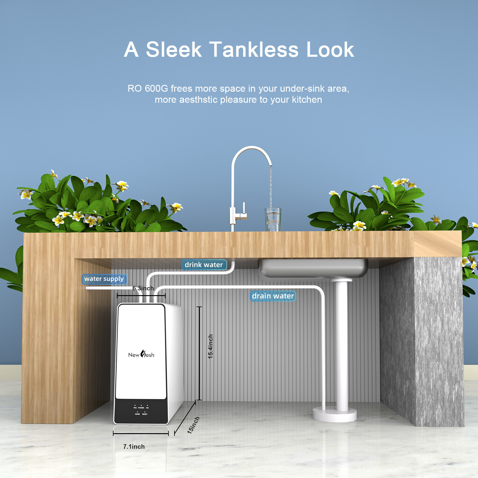 Tankless RO Reverse Osmosis Water Filtration System 600G,4-Stages Under Sink 2:1