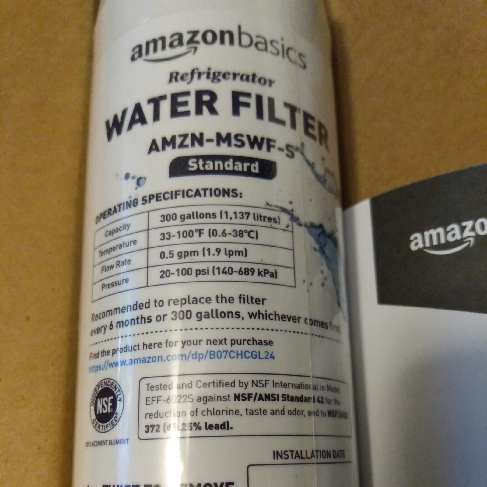 Amazon Basics Replacement Water Filter AMZN-MSWF Standard Filtration 1 pack New