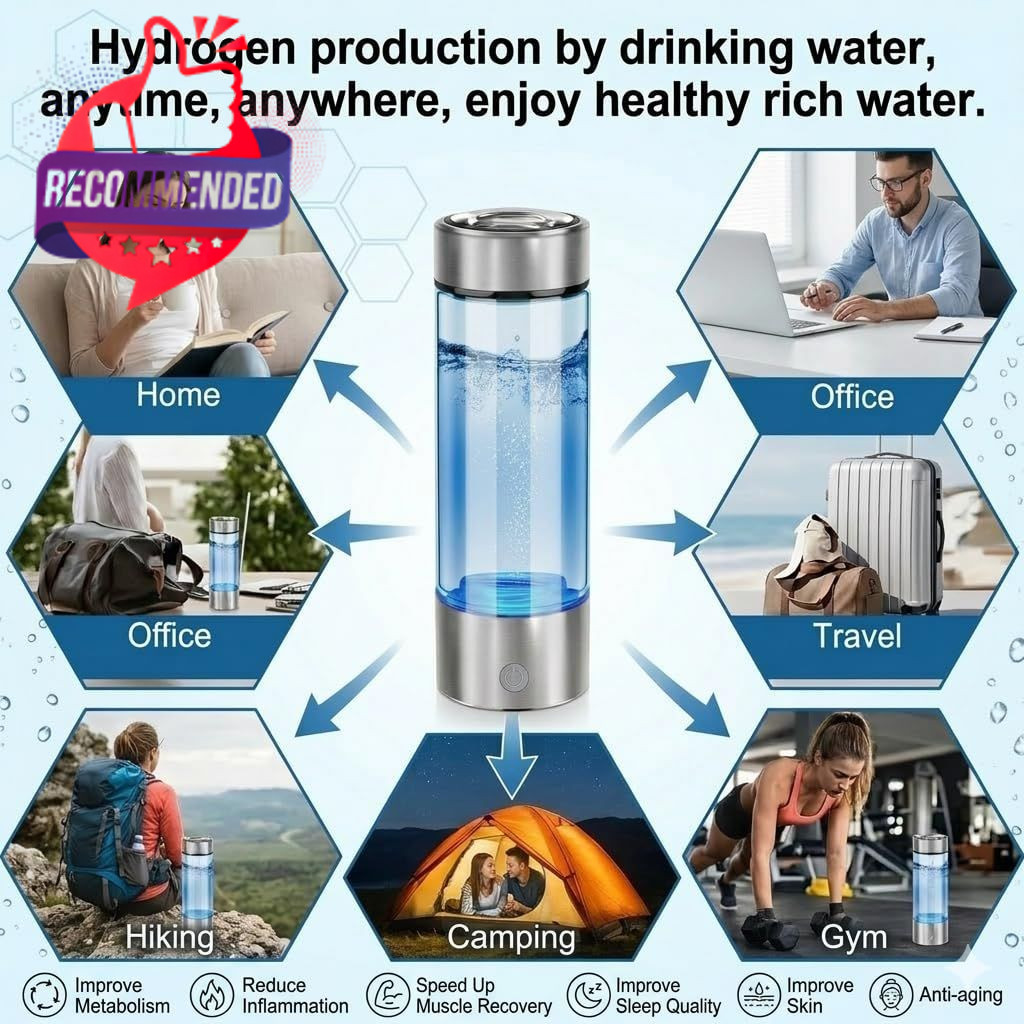 Portable Hydrogen Water Bottle Generator, 450ml Borosilicate Silver Gray