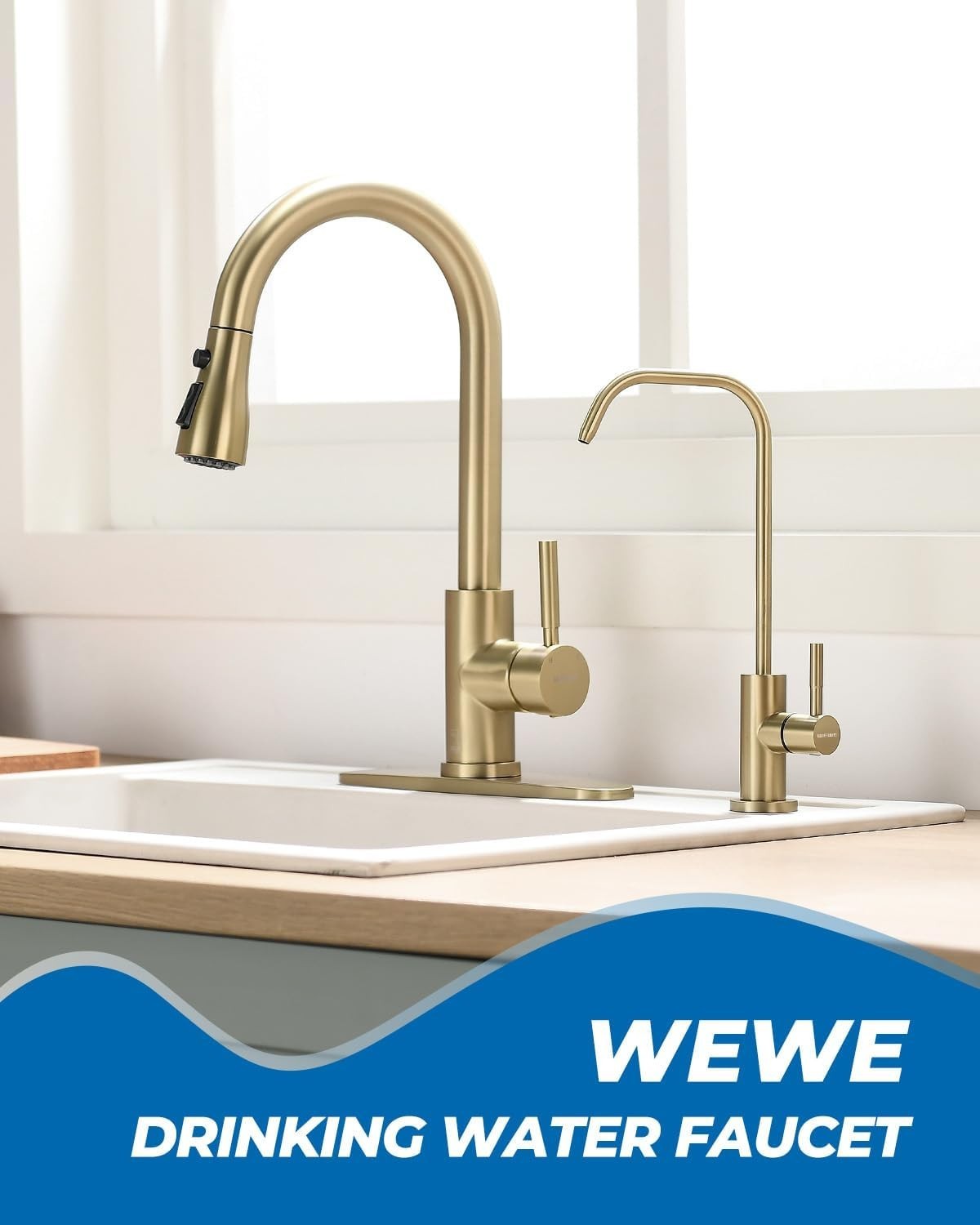 Lead-Free Gold Kitchen Water Filter Faucet | 360° Swivel Gooseneck Design