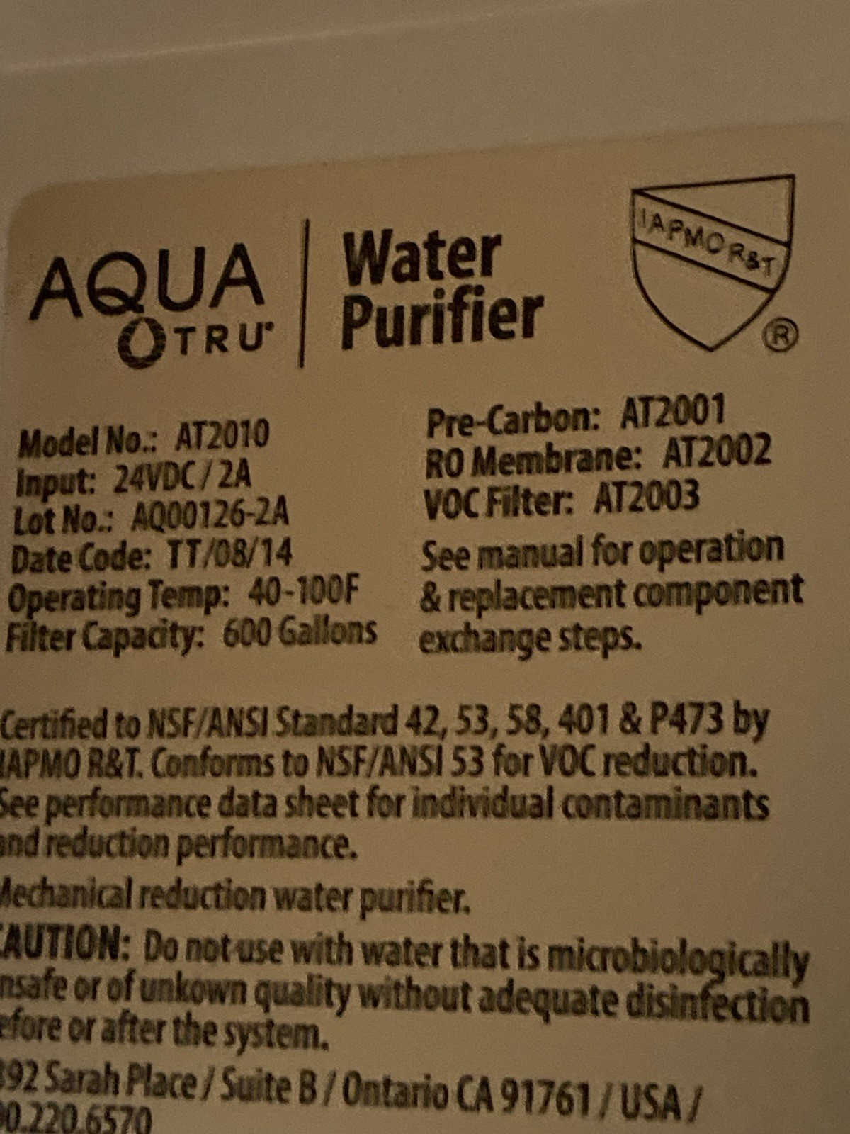 AquaTru Countertop Reverse Osmosis Water Purifier System AT2010 W/Extra Tank