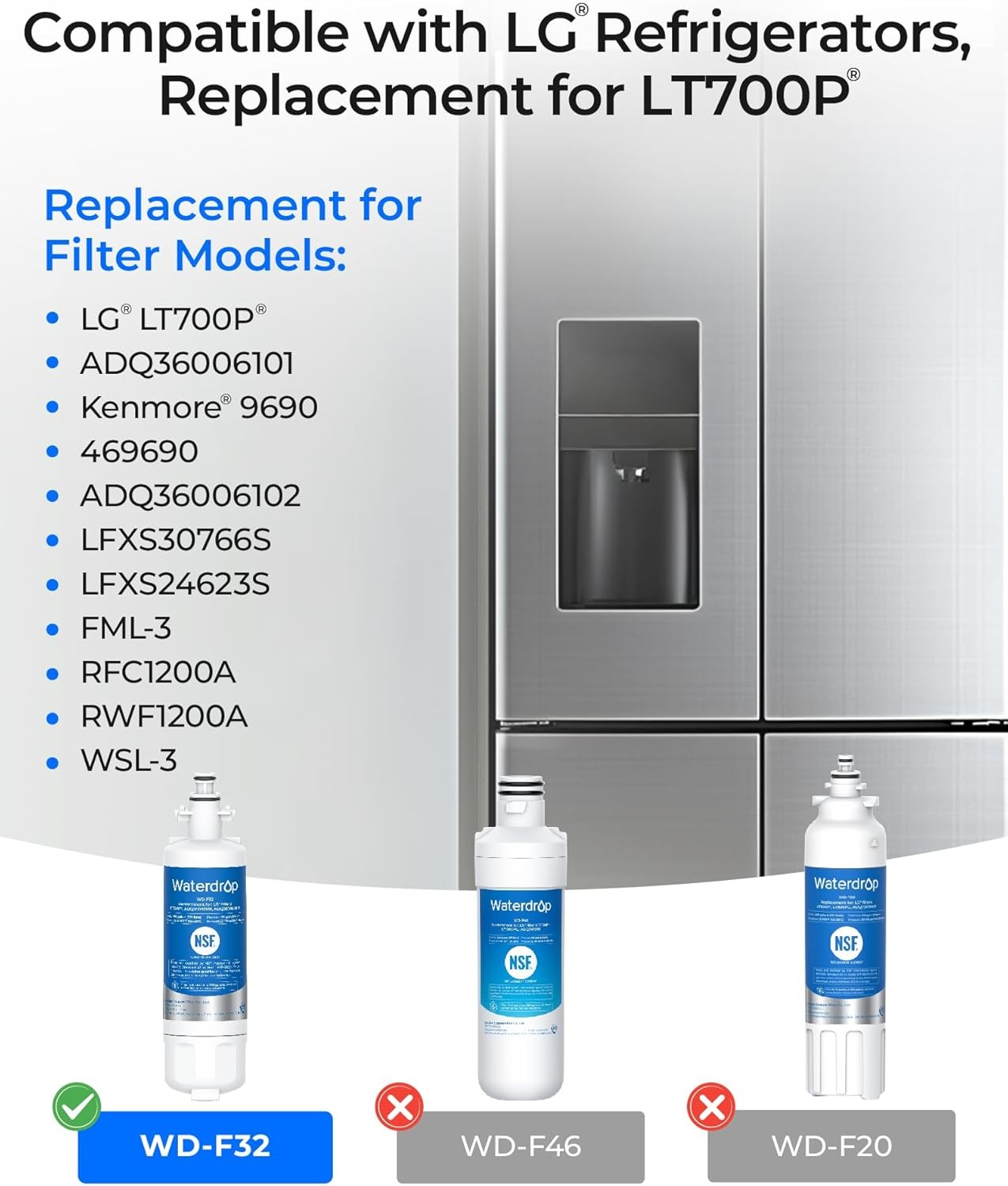 Waterdrop Refrigerator Water Filter, Replacement for LG® LT700P®, Pack of 6
