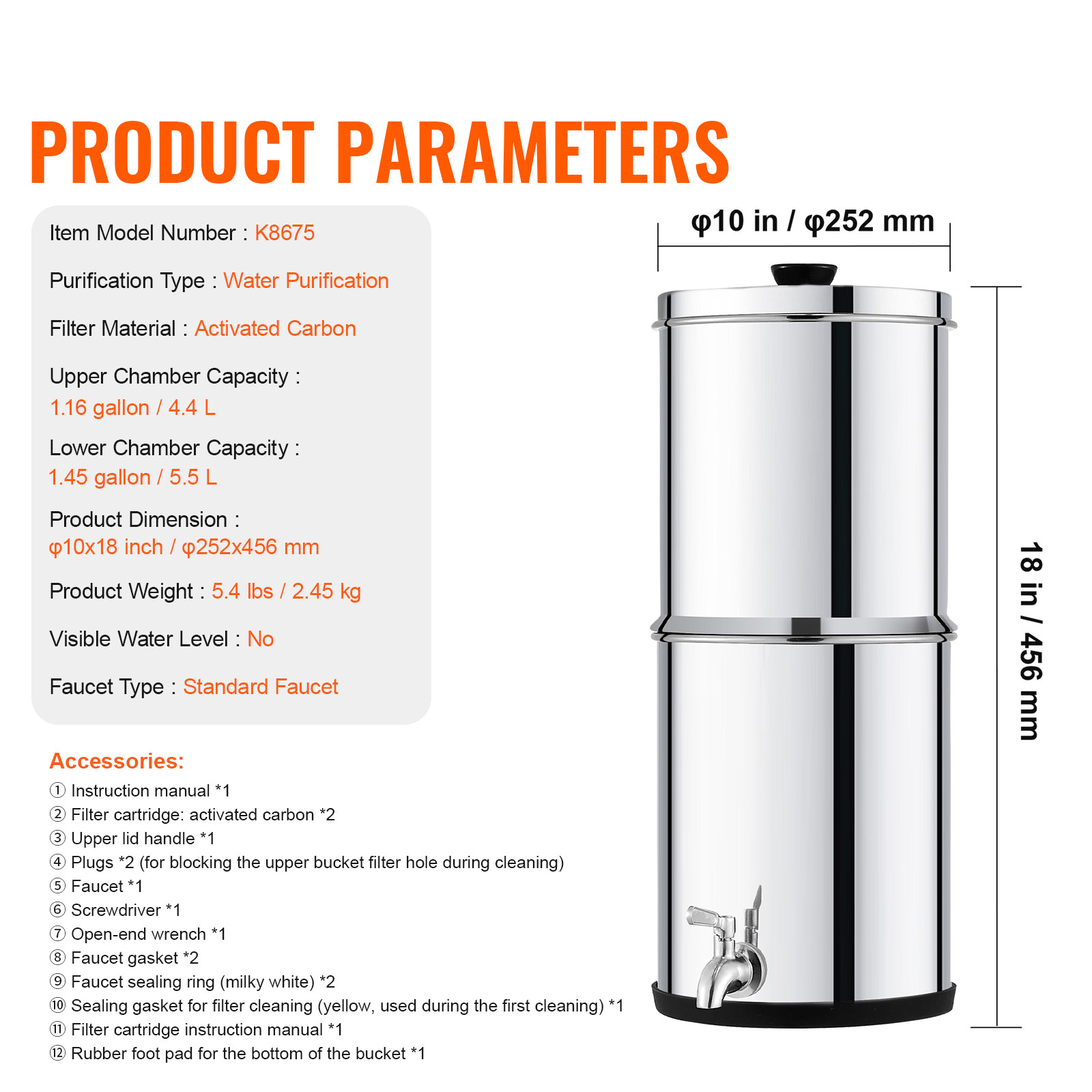 1.5G Gravity-fed Water Filter Countertop System Stainless Steel 2 Filters