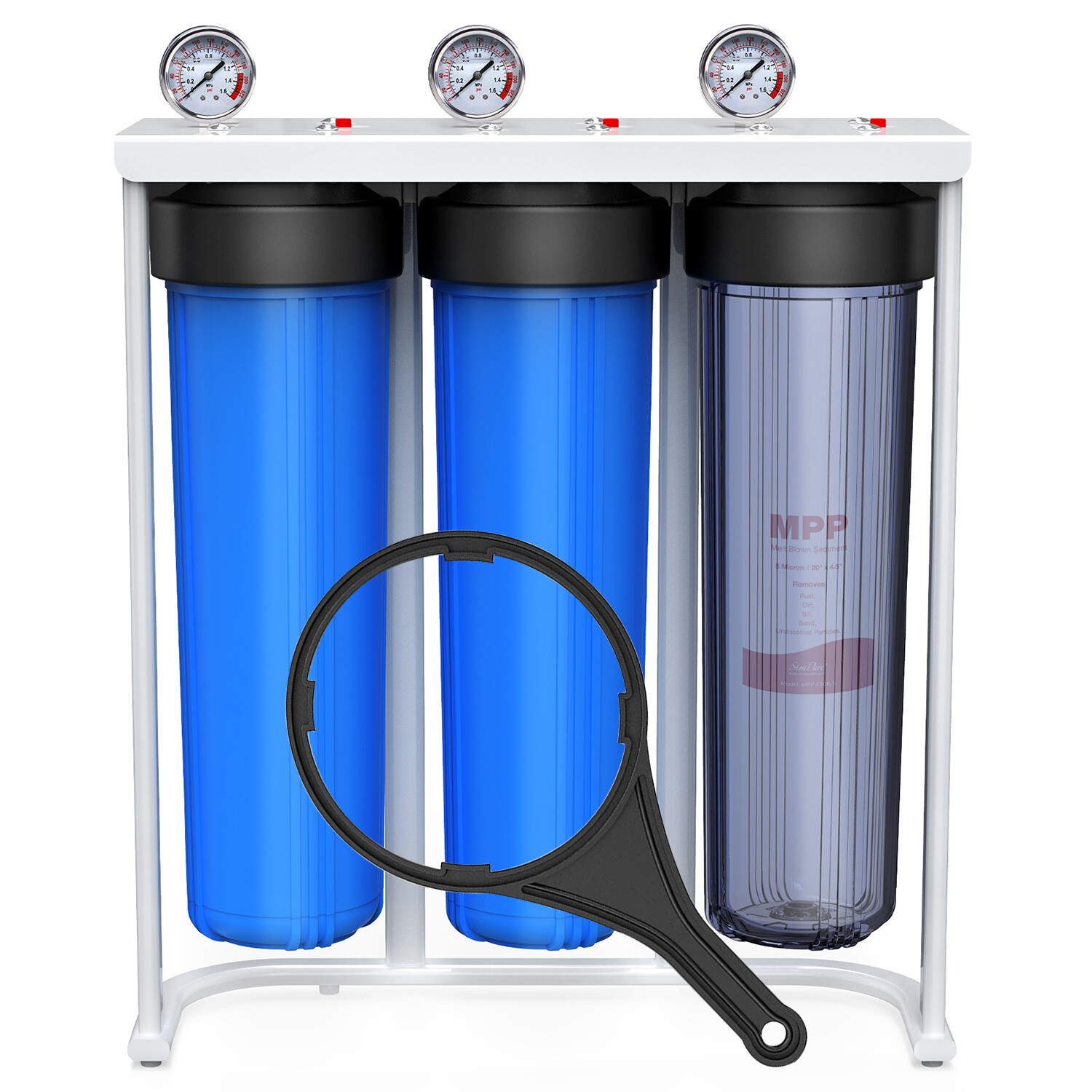3-Stage 20″x4.5″ Whole House Water Filter System Sediment Carbon Filter Gauge
