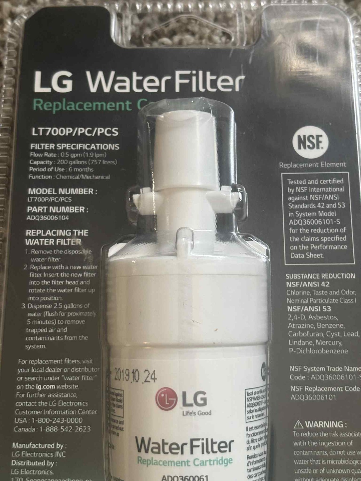 LG LT700P 6 Month/200 Gallon Capacity Replacement Fridge Water Filter ADQ360061