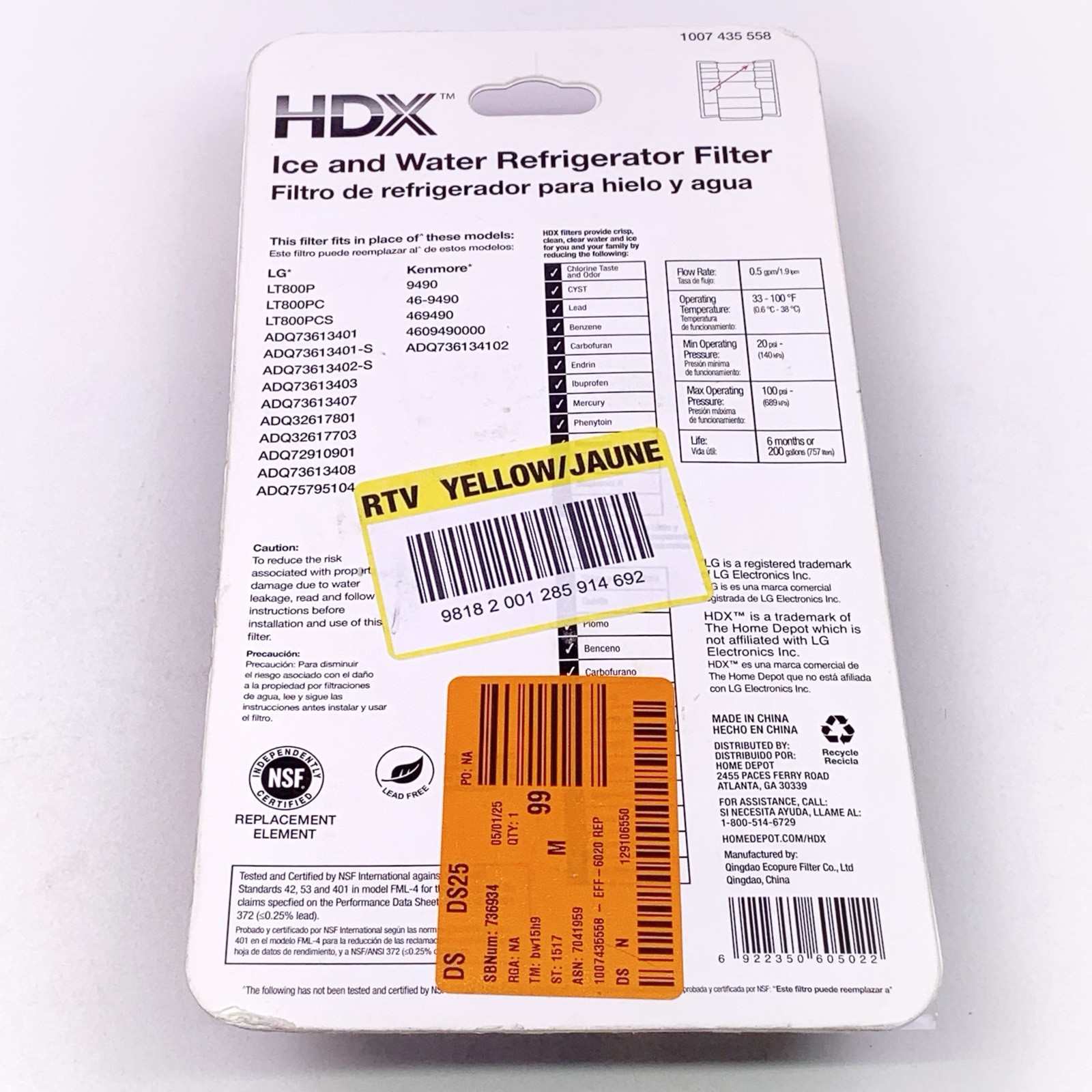 HDX FML-4 Ice and Water Refrigerator Filter Replacement For LG LT800P 2 Pack