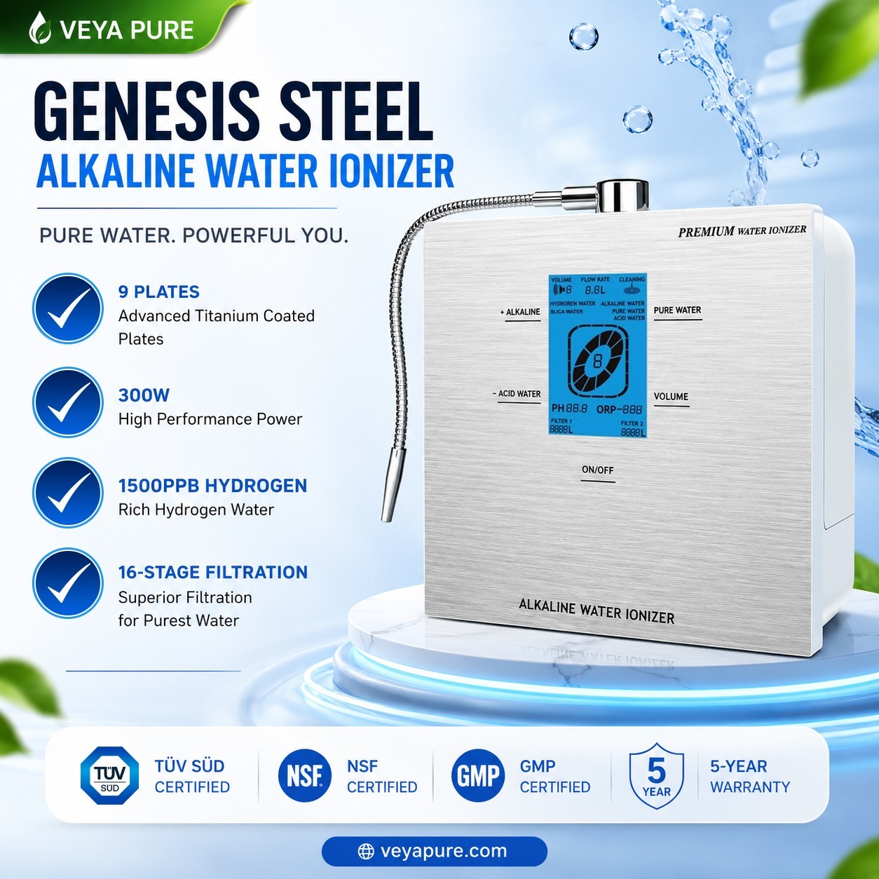 Alkaline Water Ionizer 9 Plate 300W 76 pH Levels LCD 1500PPB Hydrogen 16 Stage