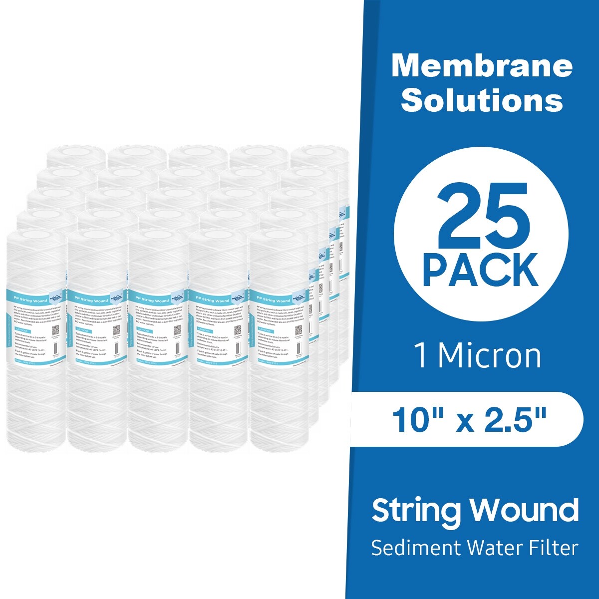 1 Micron 10″x2.5″ String Wound Whole House Sediment Water Filter Cartridge 25PCS