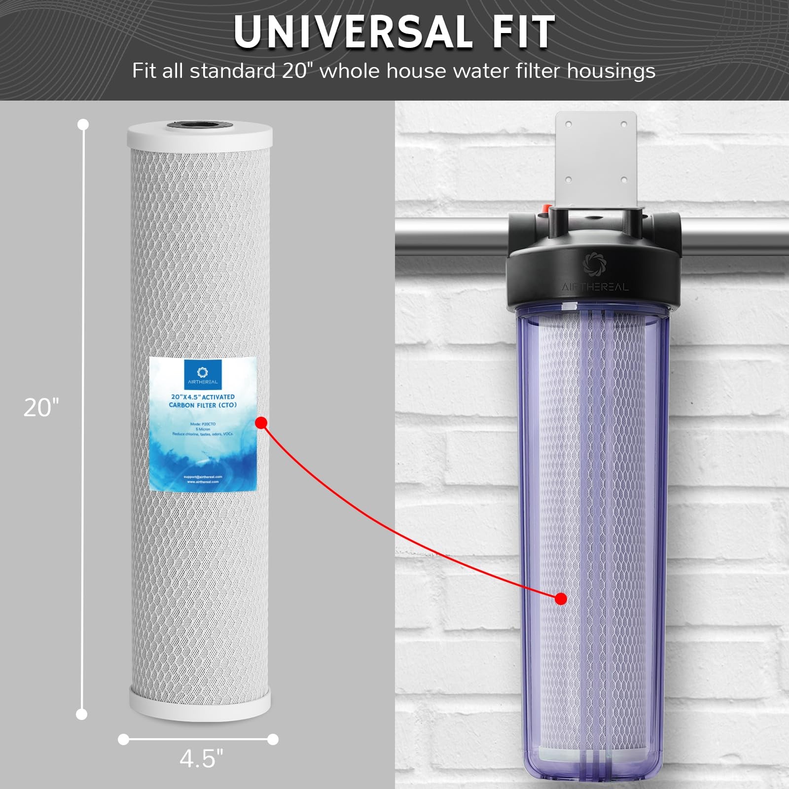 20″ x 4.5″ Whole House Sediment Activated Carbon Water Filter, 5 Micron 20-in…