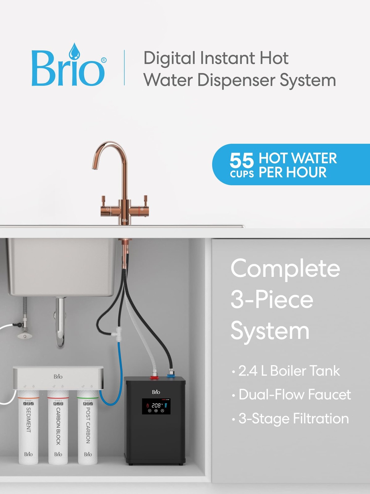 3-Stage Digital Instant Hot Water Dispenser System Dual Flow Faucet in Rose Gold