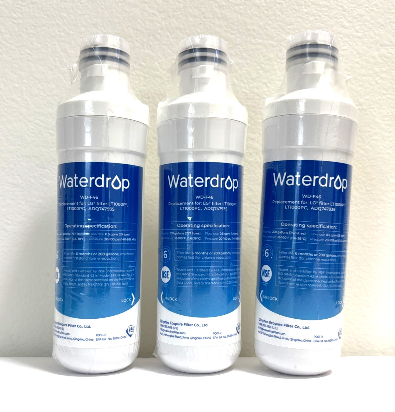 Waterdrop refrigerator Filters WD-F46 with 3 air filters-Open box, pack of 3