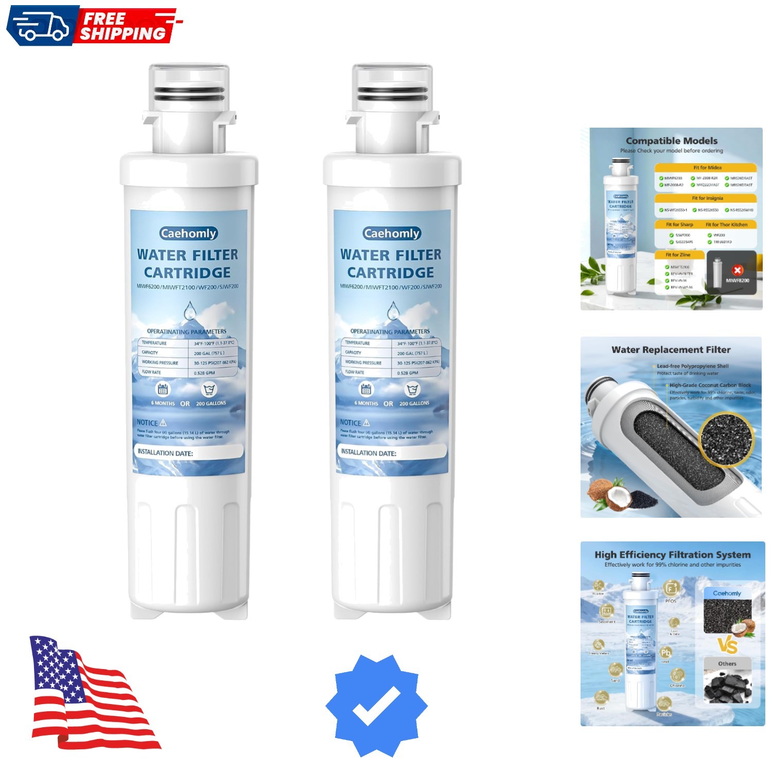 2 PACK MIWF6200 Water Filter Cartridge Compatible with Midea , MIWF6200, MF-2…