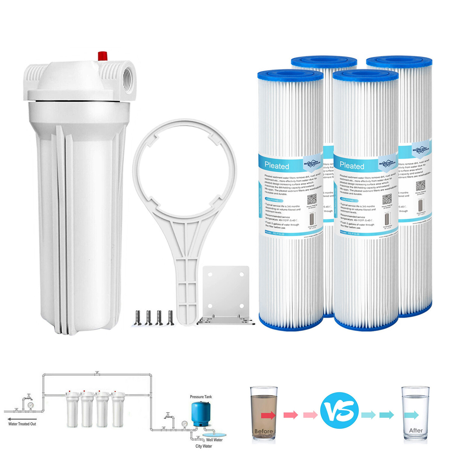 10 Inch Whole House Water Filter Housing System &4pcs 10″ x2.5″ Pleated Sediment