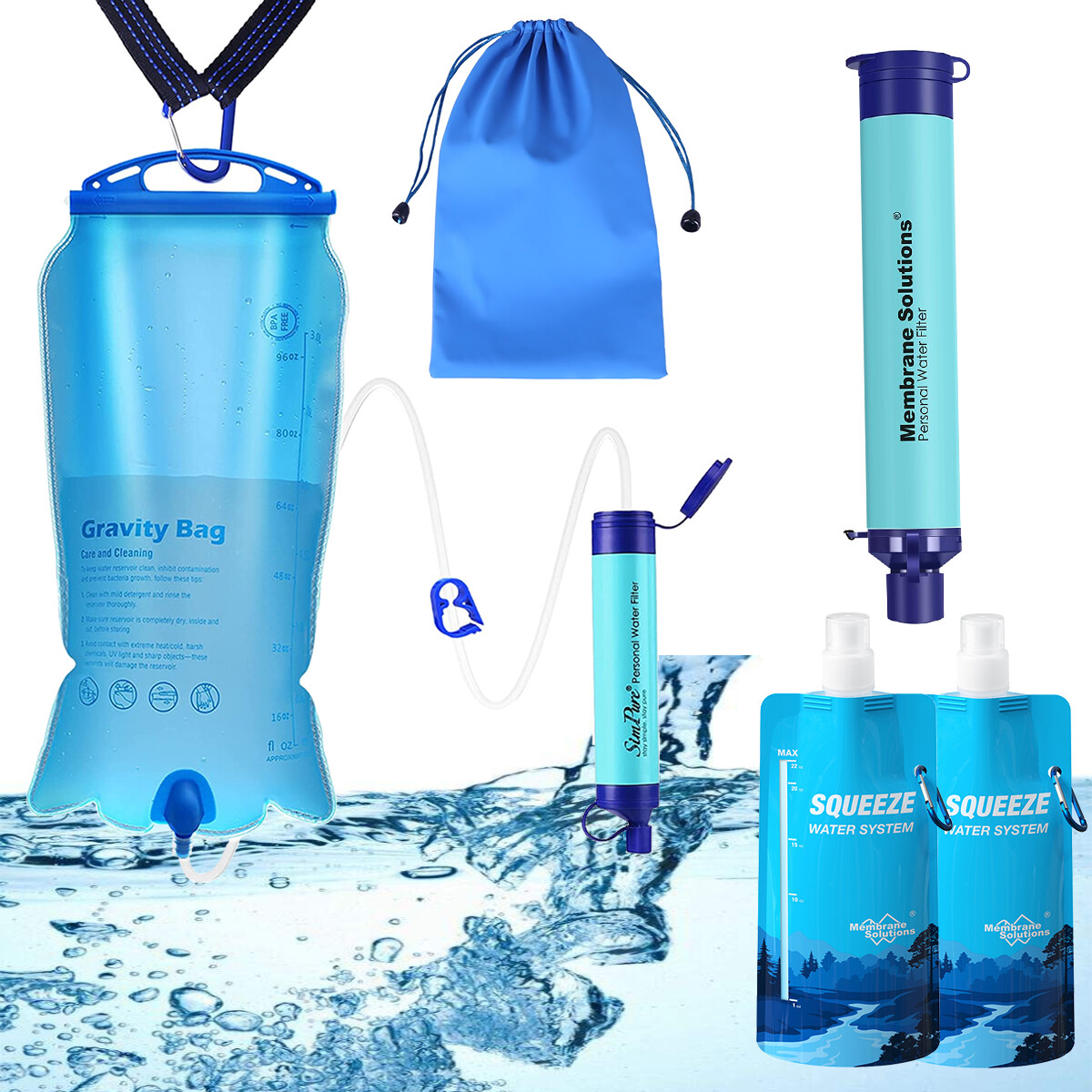Gravity Fed Water Filtration System,with Filter Straw,2Pk Survival Water Pouches