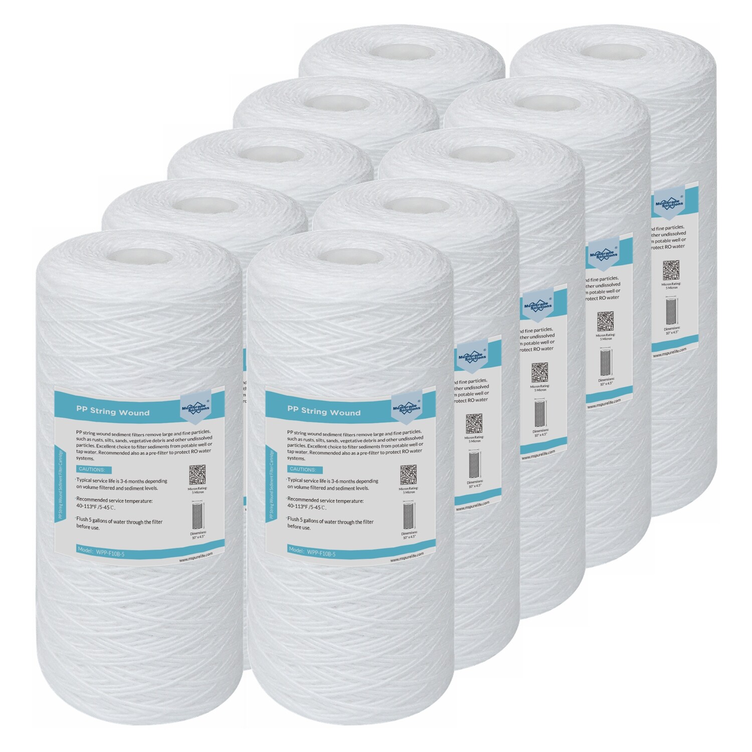 10 Pack 1/5/10 Micron 10″ x 4.5″ Whole House String Wound Sediment Water Filter