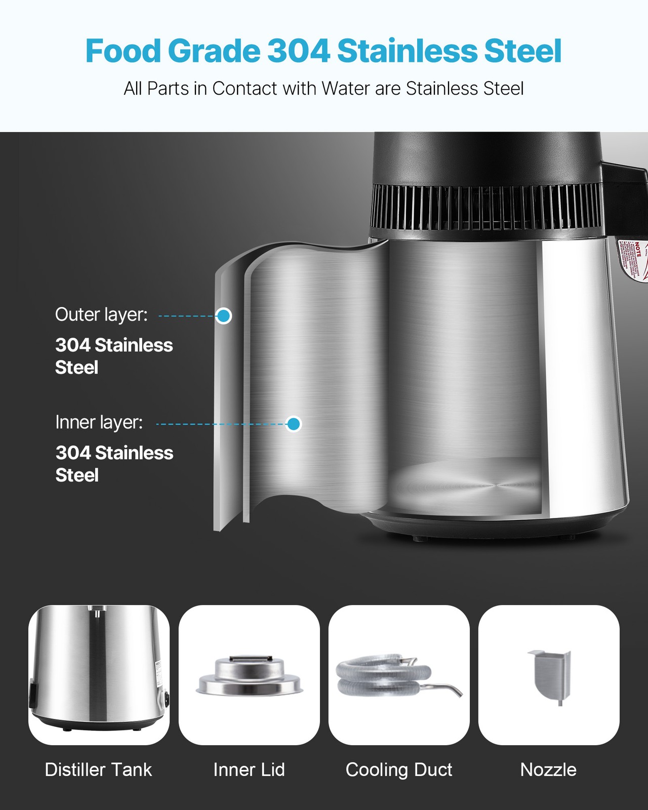 VEVOR 6L Water Distiller Home Countertop Purifier Machine 900W Stainless Steel