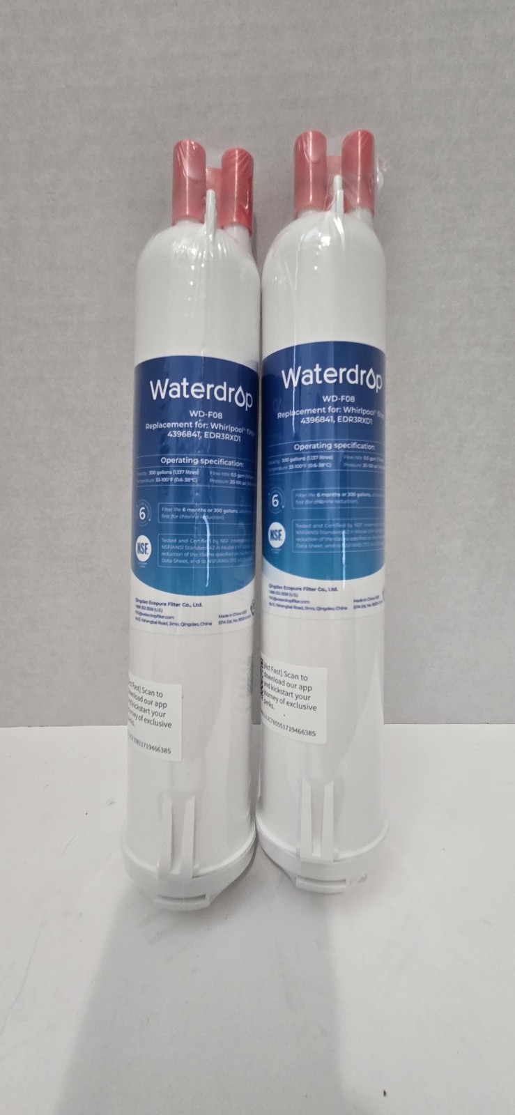 Sealed Waterdrop WD-F08 Refrigerator Water Filter For Whirlpool – 2 pk
