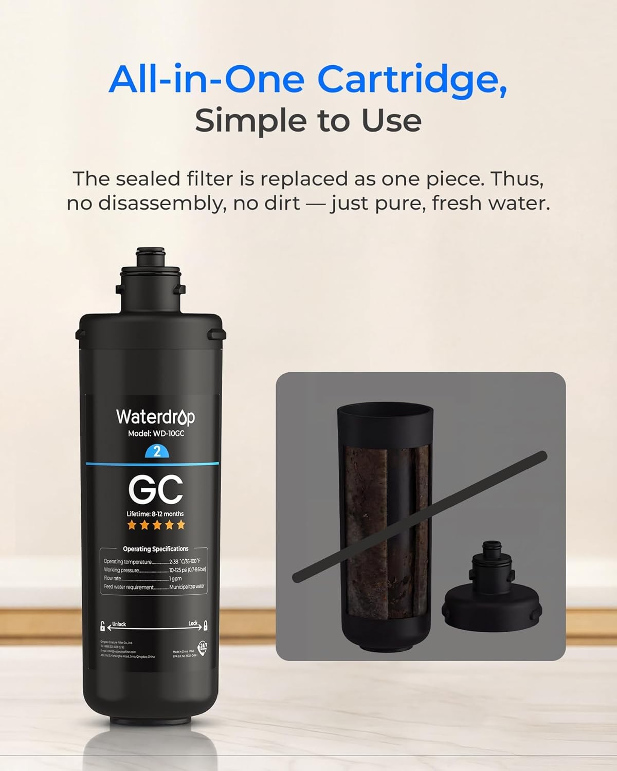 Waterdrop WD-10GC Under Sink Water Filter, Replacement for Waterdrop TSA 3-stage