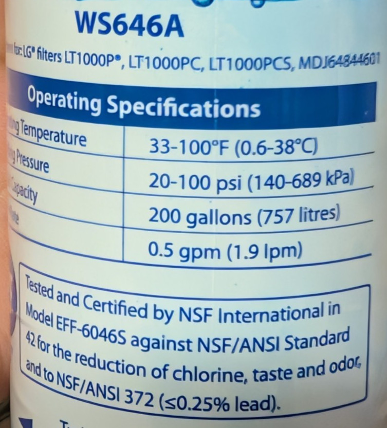 Set of 2 Water Specialist WS646A Water Filter Factory Sealed Fits LG LT1000P