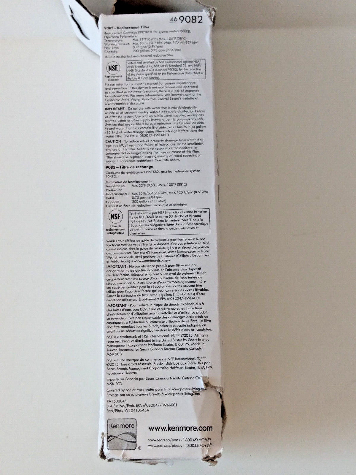 KENMORE Refrigerator Replacement Water Filter Cartridge 46 9082 NEW/Box