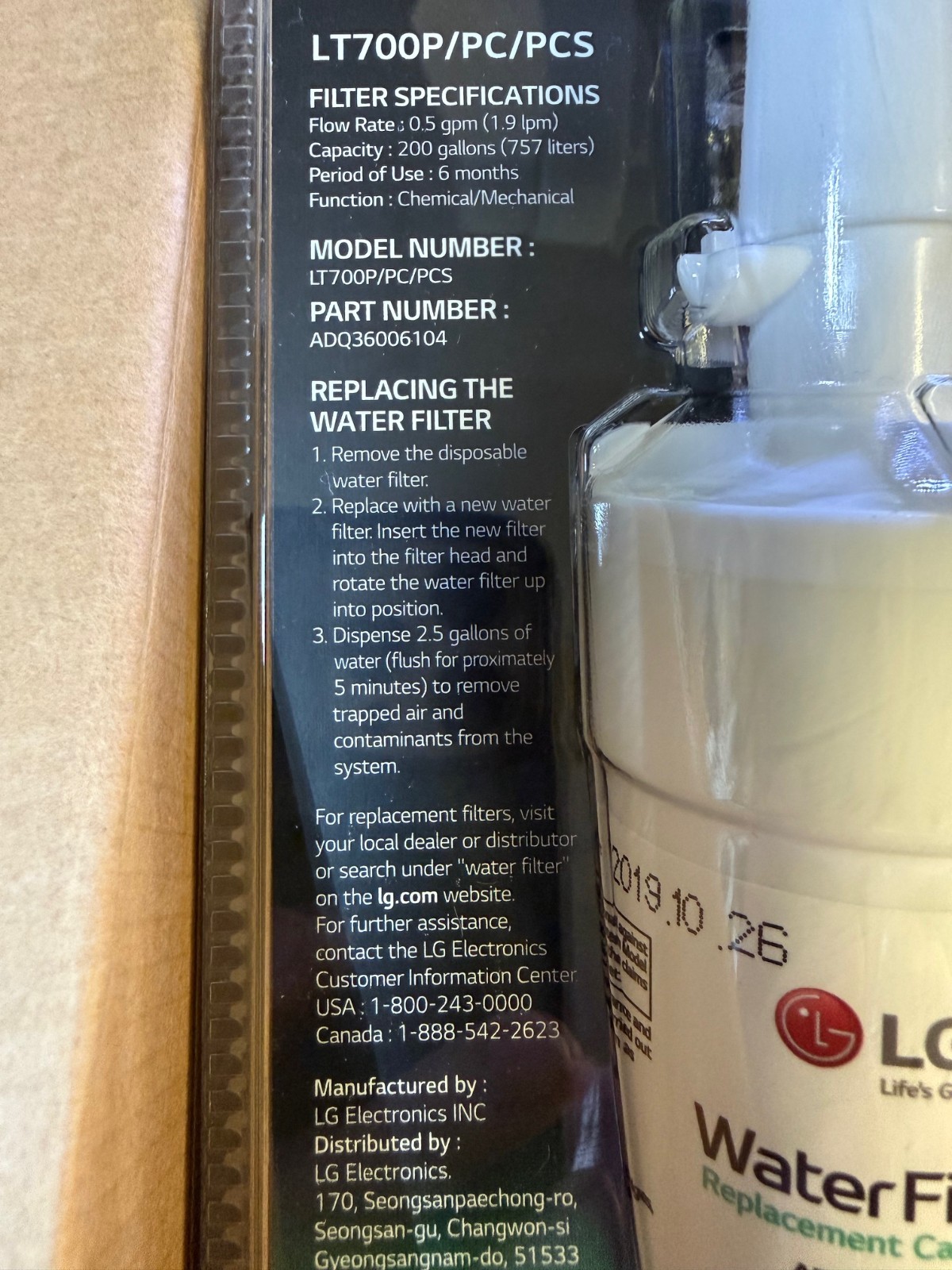 Genuine LG LT700P/PC/PCS Authentic Refrigerator Water Filter ADQ360061 Fridge