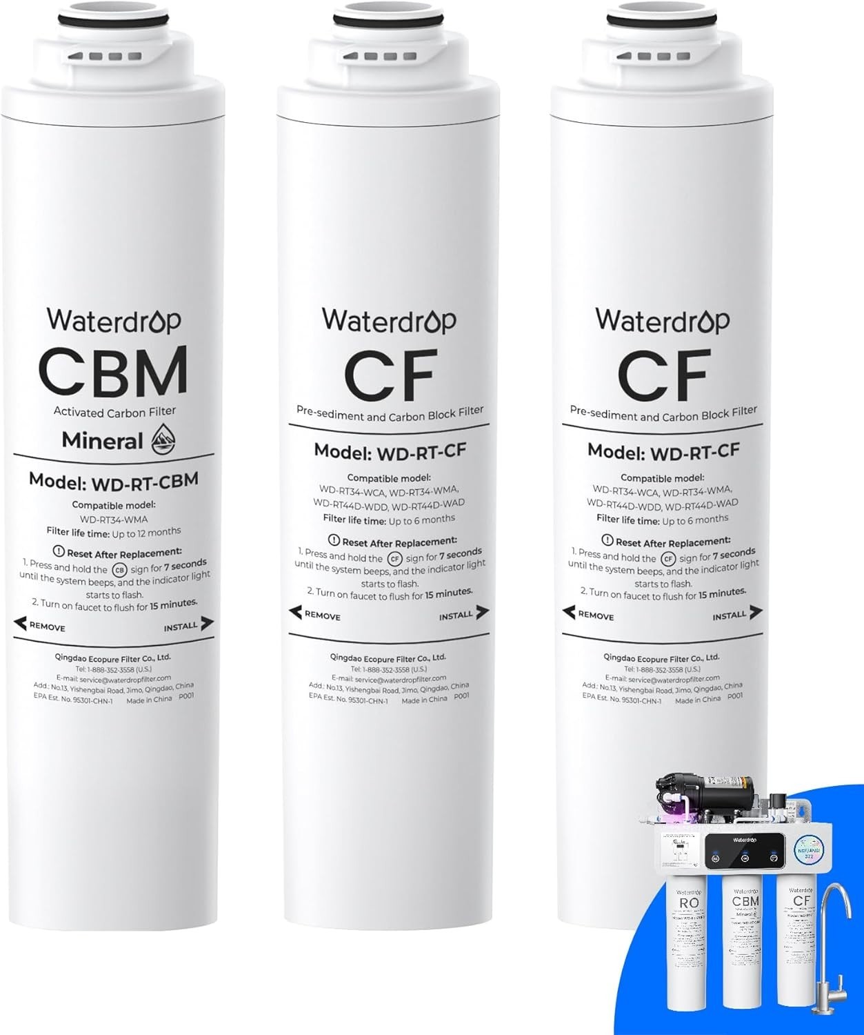 Waterdrop WD-T3-RCM Replacement Filter 1-Year Combo, Pack of 2 CF and 1 CBM