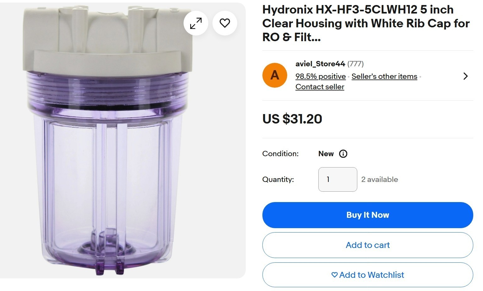 New HX-HF3-5CLWH12 5″ with IN and OUT fittings for RO Water & Filtrat System