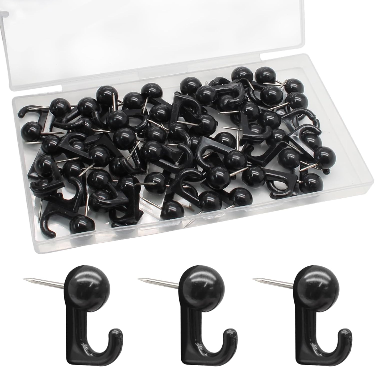 50 PCS Push Pin Hooks, Plastic Head Thumb Tacks, Black Wall Push Pins for Hangin