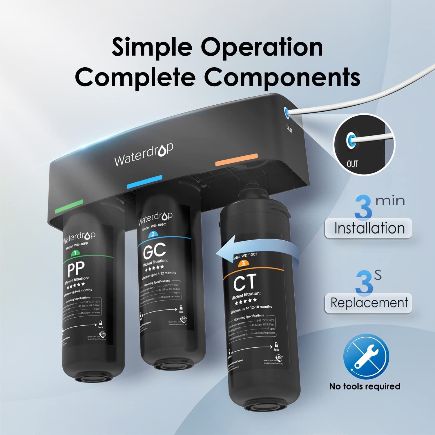 Waterdrop TSB 3-Stage High Capacity Under Sink Water Filter, Reduces PFAS/PFOA