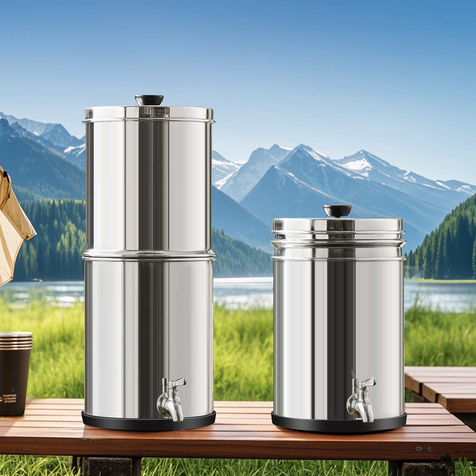 1.5G Gravity-fed Water Filter Countertop System Stainless Steel 2 Filters
