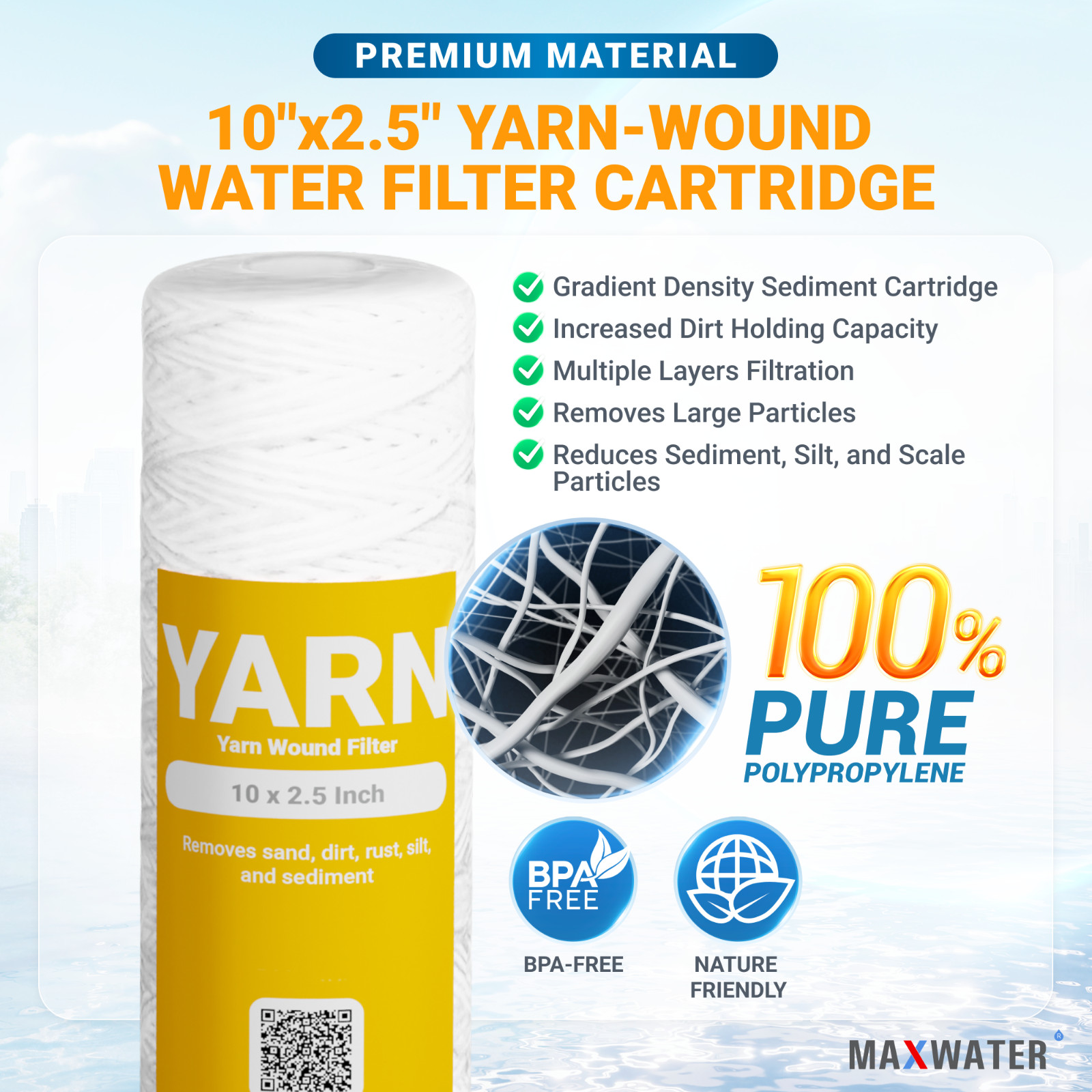 String Wound Sediment Water Filter Cartridge Standard 2.5×10″ 5 Micron 25 Pack