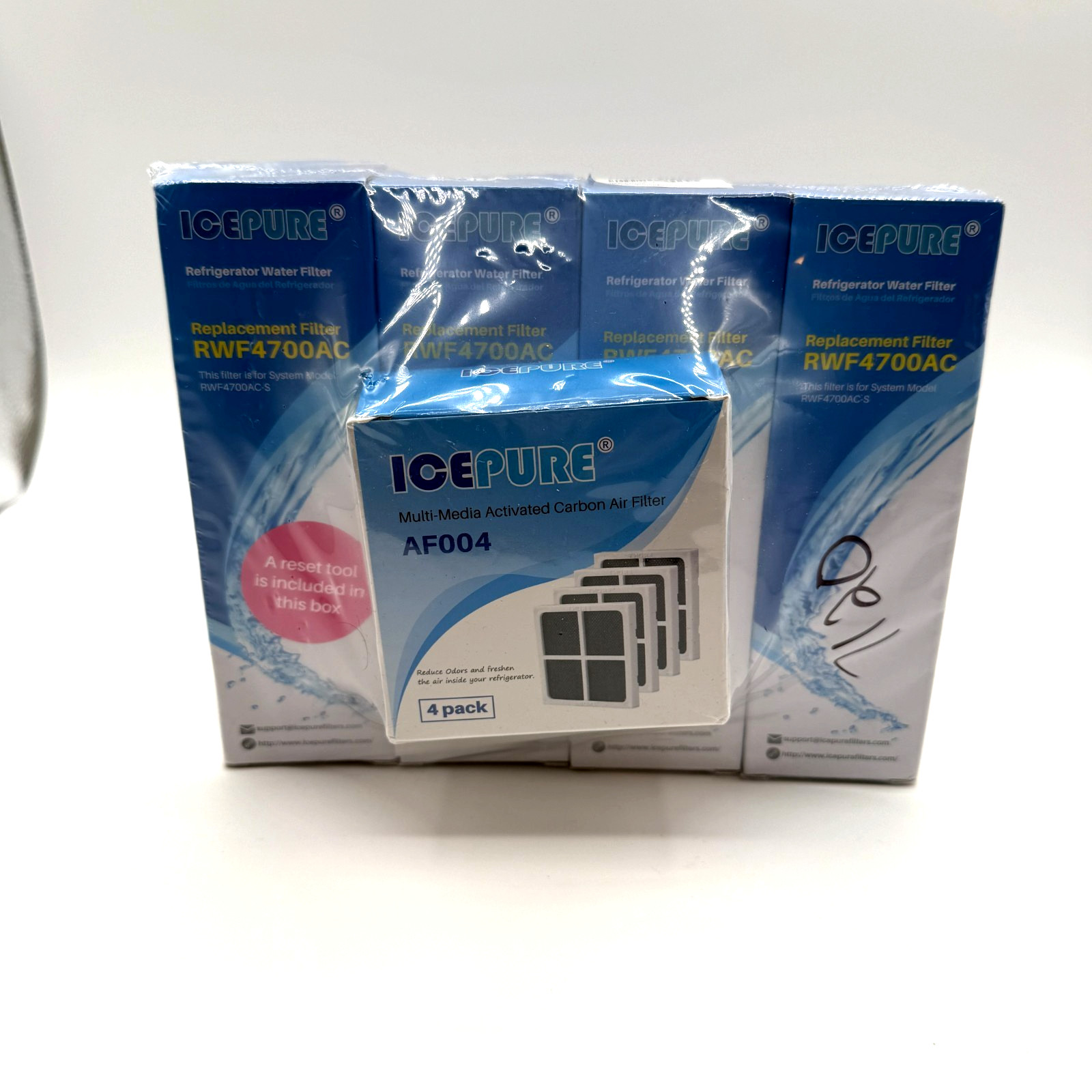 Icepure RWF4700AC Water Filter 4 Pack AND AF004 Carbon Air Filter 4 Pack SEALED