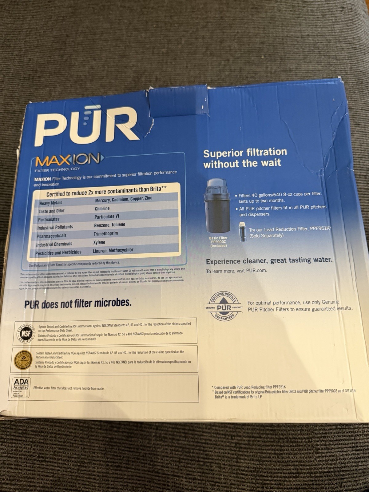 PUR 7 Cup Water Filter Pitcher NSF Certified 2 in 1 Filtration White Blue