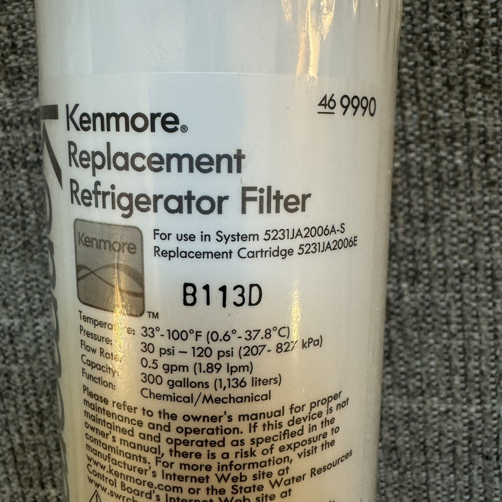 Kenmore Clear Refrigerator Water Filter 469990 46-9990 *NEW SEALED* No Box
