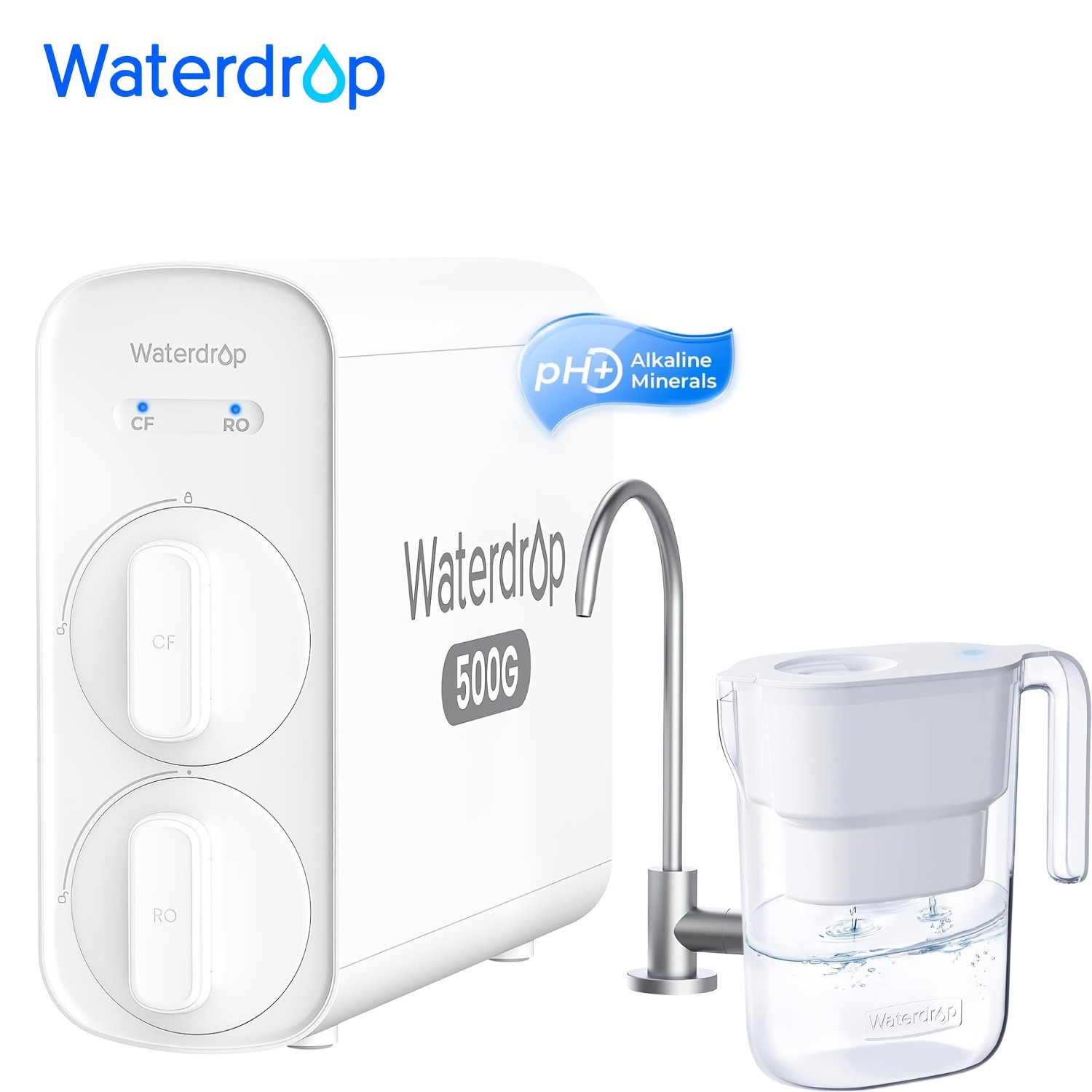 Waterdrop G5P500A Reverse Osmosis Water Filter, Extra with White Filter Pitcher