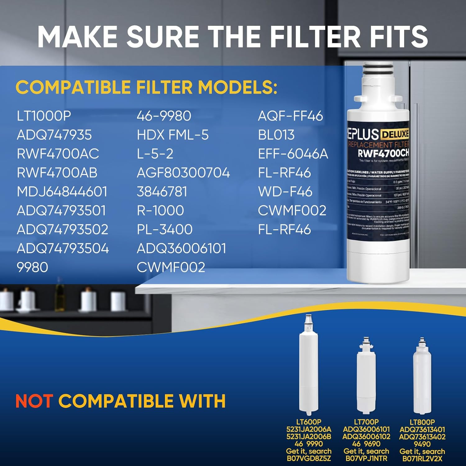 LG LT1000P Replacement Water Filter 3-Pack, Reduces PFOA/PFOS, Compatible Models