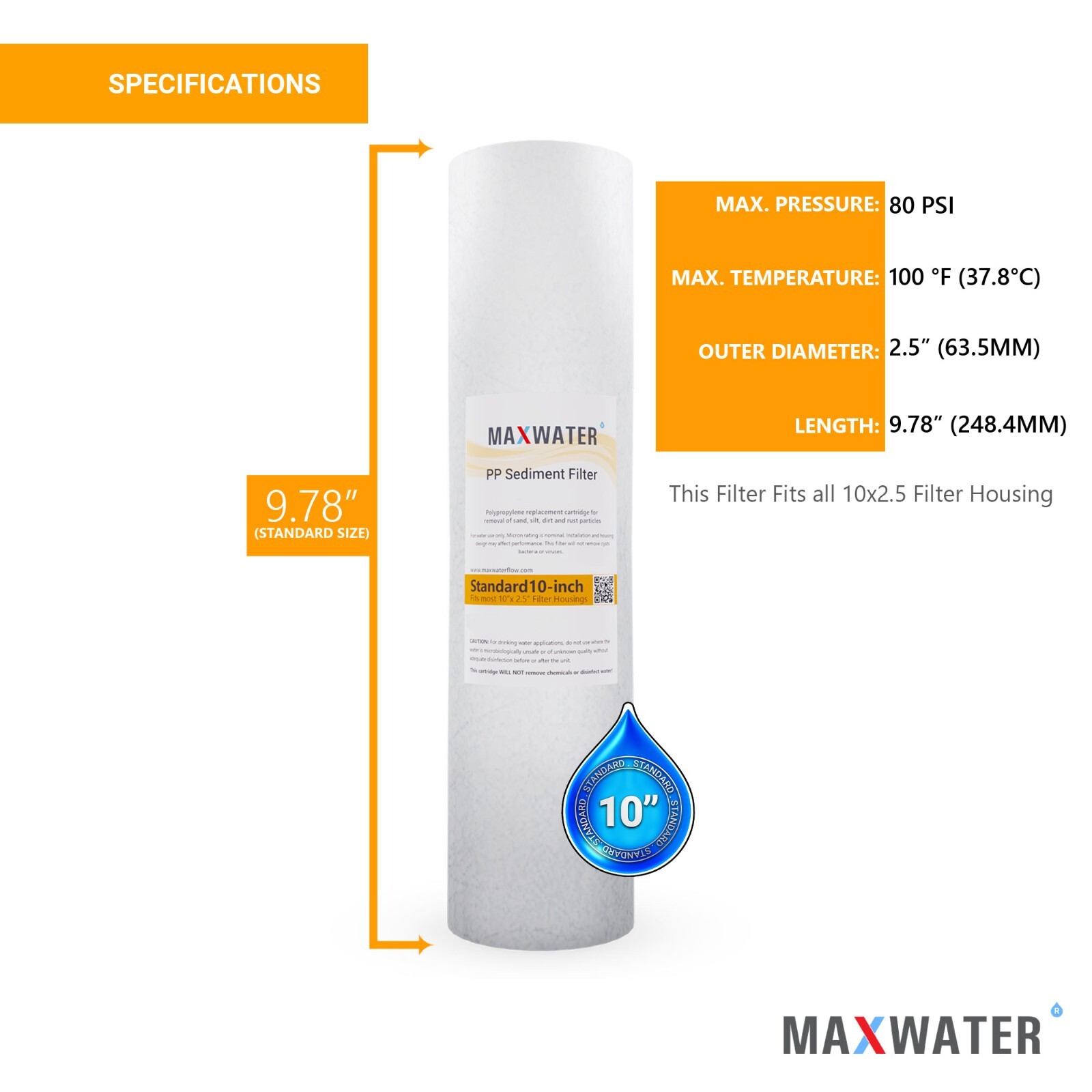 PP Sediment Water Filter 1 Micron 10″ x 2.5″ size 25 PACK by MaxWater