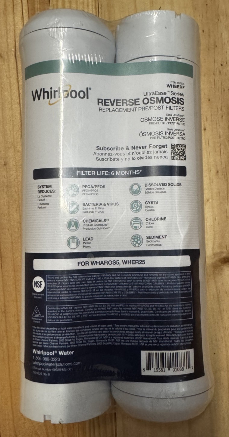 Whirlpool WHEERF, WHAROS5 WHER25, WHAPSRO, 6-Months Replacement Filter New