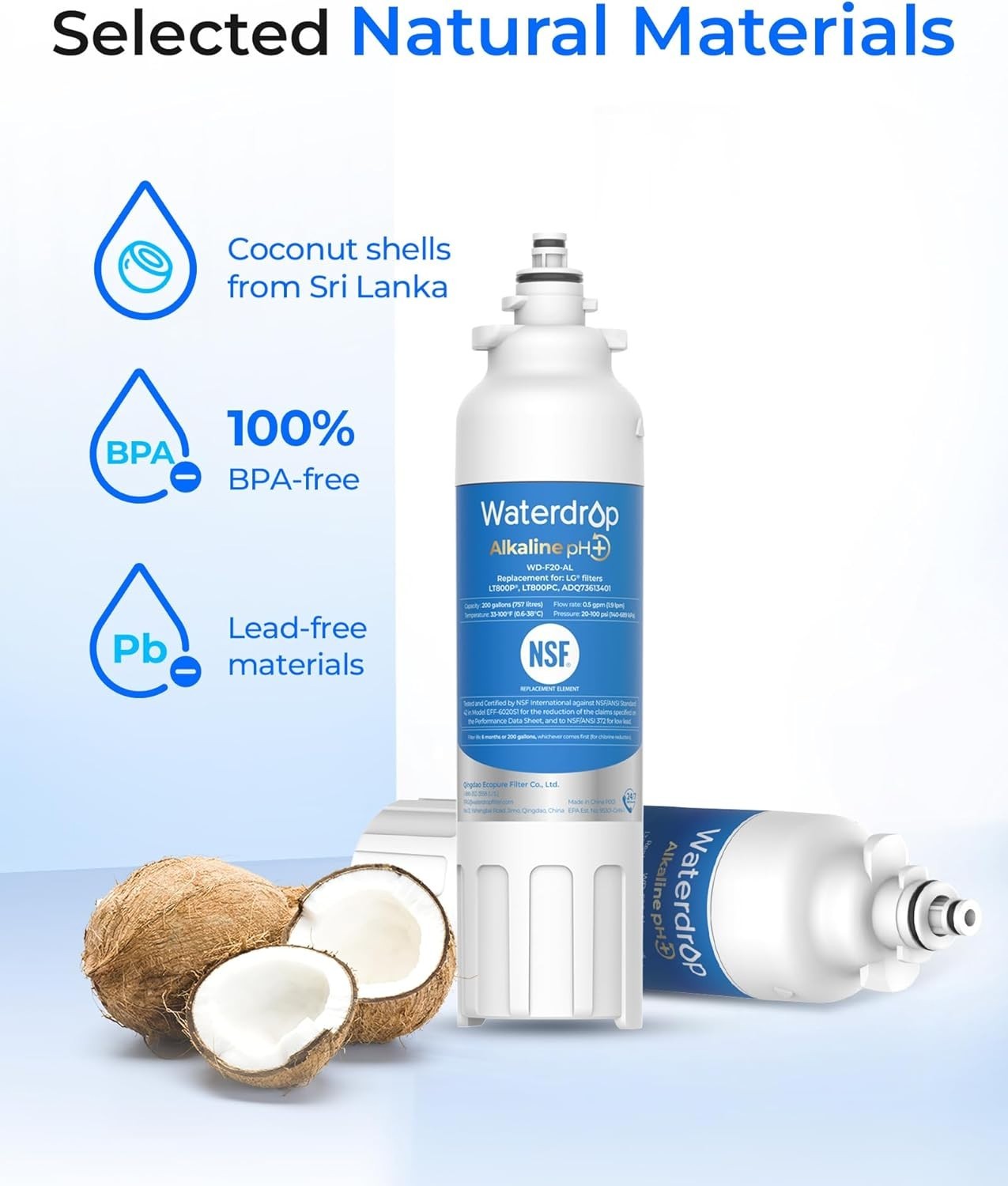 Waterdrop ADQ73613401 Refrigerator Water Filter, Replacement for LG® LT800P®（6）
